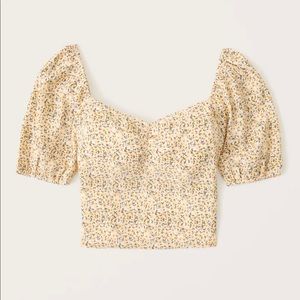 Abercrombie & Fitch Puff Sleeve Sweetheart Top - Yellow Pattern